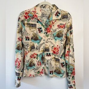Vintage Women’s Rome Travel Novelty Print Button Down Blouse With Collar Size 4